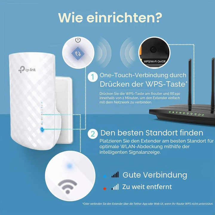 TP-Link RE190 AC750 WLAN-Repeater, 433 Mbps 5 GHz, Weiss Neue Version, Neue Version