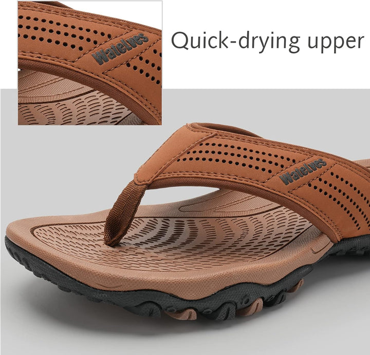 WateLves Herren Flip Flops Zehentrenner Leder mit Arch Support Sandalen Weich Leder Stoff Badelatsch