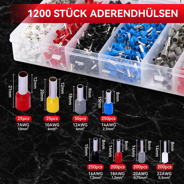 Donken Crimpzange 0.08-16mm² Set, Aderendhülsenzange Crimp Zange Sechskant Presszange mit 1200 Stück