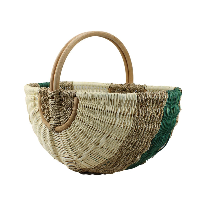 Grosser Einkaufskorb aus Rattan &amp; Seegras, Grün, 48x33x24 cm | Handgeflochtener Picknickkorb mit Hen
