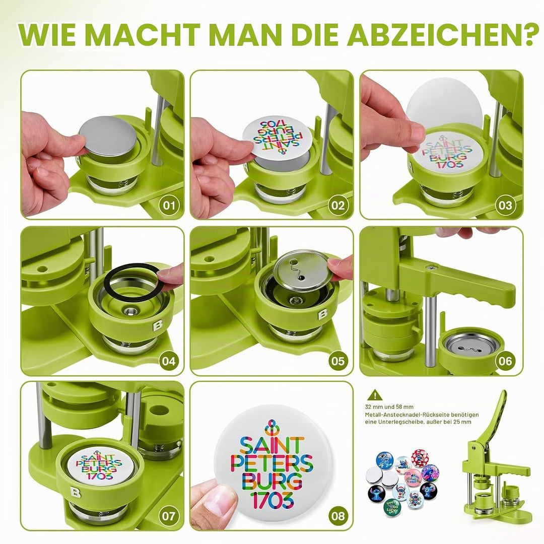 Buttonmaschine, 25+32+58 mm Button Maschine Presse Abzeichen 300 Sets Metall-Nadelrücken Badge-Teile