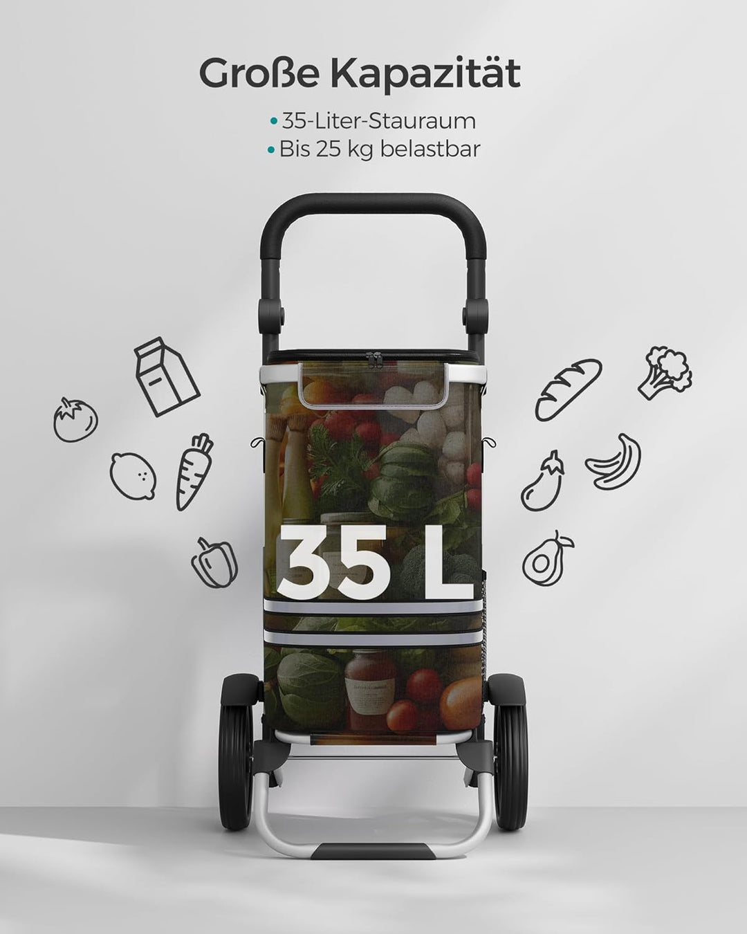 SONGMICS Einkaufstrolley, klappbar, Stabiler Einkaufswagen, mit Kühlfach, grosse Kapazität 35 L, mul