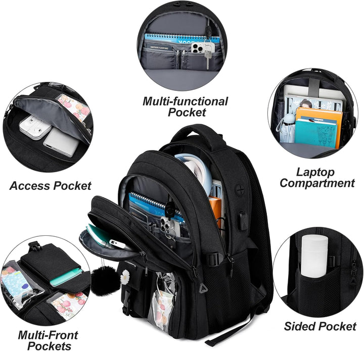 kadilong Schulrucksack Mädchen Rucksack Damen 17,3 Zoll Laptop für Uni, Schultasche Schulranzen mit