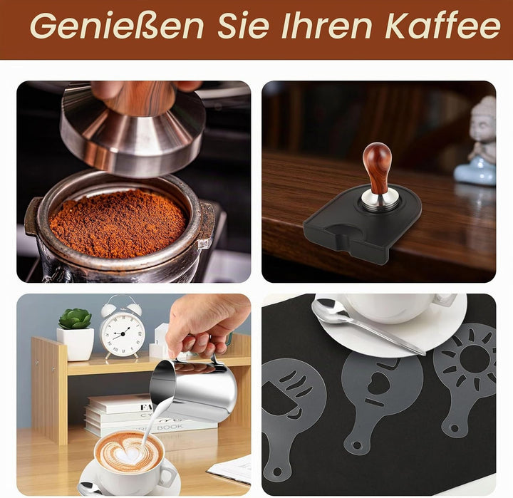 Kaffee Tamper 51mm Set Edelstahl, Espresso Zubehör mit 350ml Milchkännchen | Espresso Zubehör Set •