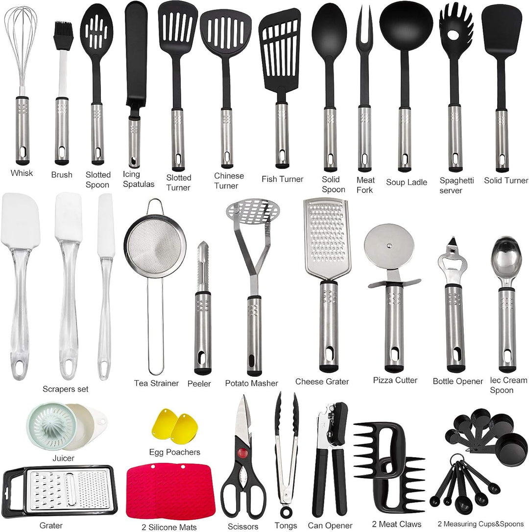 Küchenhelfer Set, 43 Stücke Küchenzubehör Kochgeschirr Set aus Edelstahl & Nylon, Hitzebeständig Hom