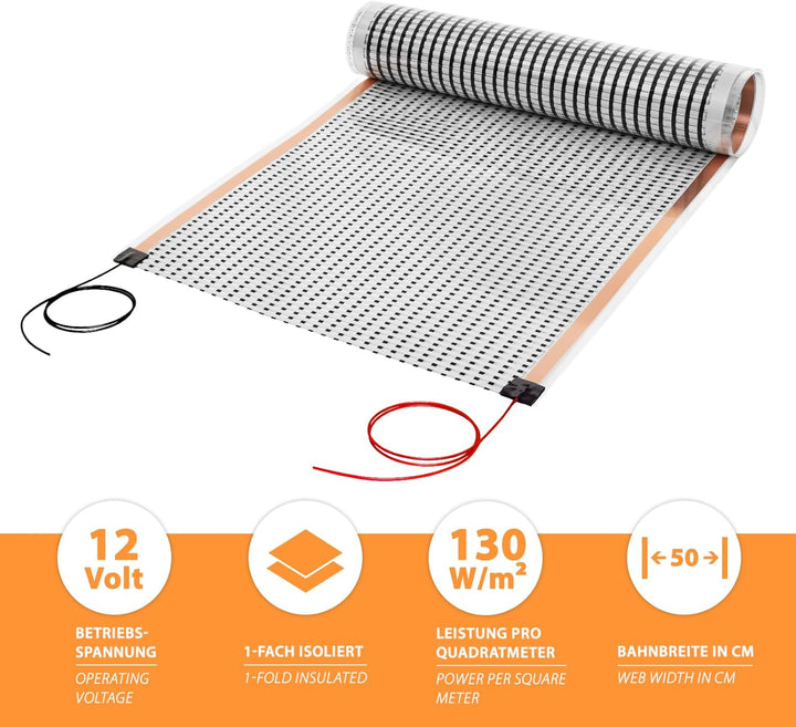 12 Volt Elektro Fussbodenheizung 2.0 Meter inkl. Thermostat zur Temperierung von Bodenflächen im Woh