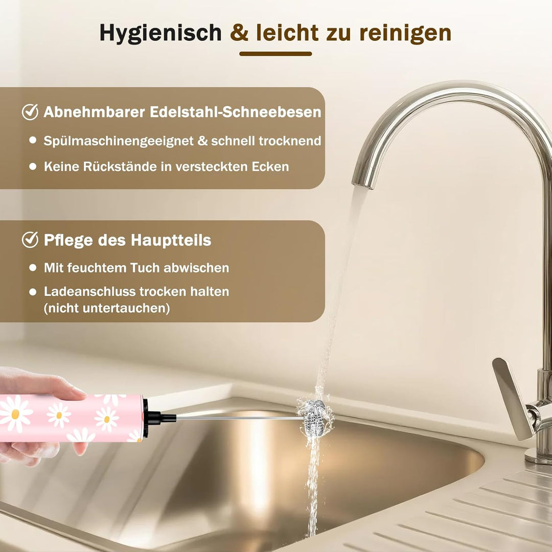 Milchschäumer Elektrisch USB-C mit 5 Wechselbaren Edelstahl-Schneebesen–2 Einstellbare Geschwindigke