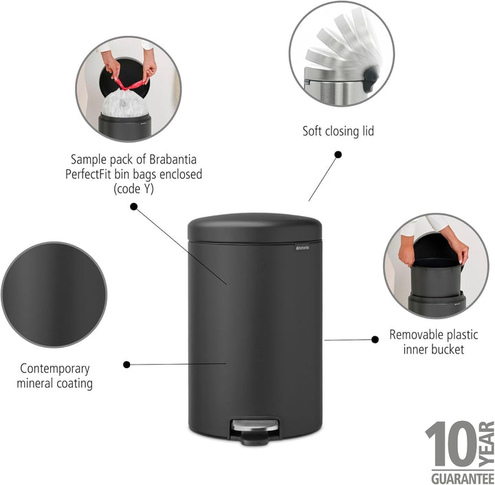Brabantia 114182 newIcon Treteimer 20 L Sense of Luxury, Edelstahl, Mineral Infinite grau, 29.0 x 32