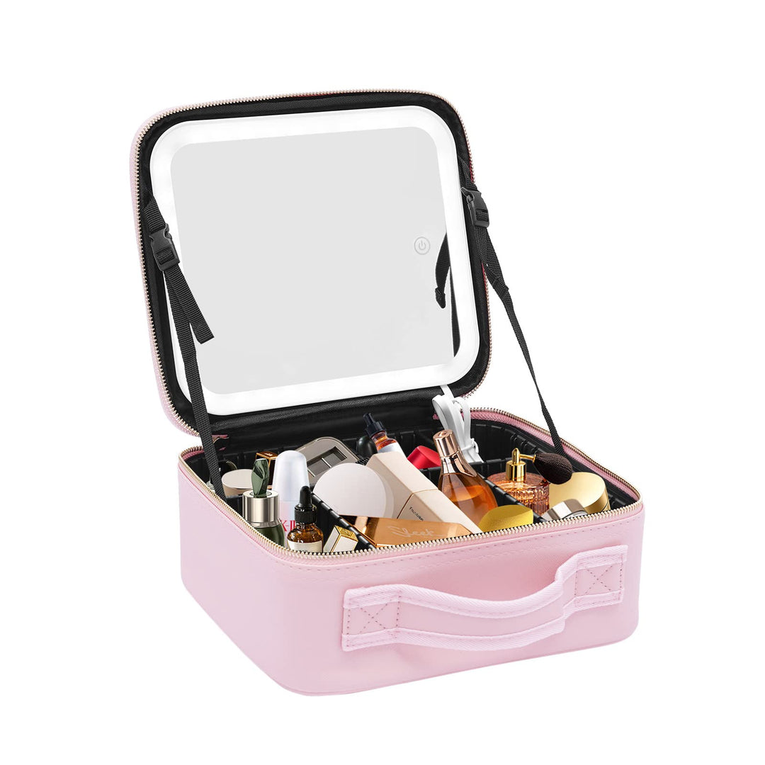 Kosmetiktasche,Make-up Tasche mit 3-Farben-Licht,Kosmetikkoffer mit Spiegel,Kosmetikkoffer Damen,Rei