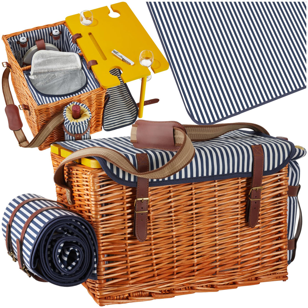 tectake® Picknickkorb und Picknickdecke 4 Personen, befüllter Picnic Basket Weidenkorb für Ausflug,