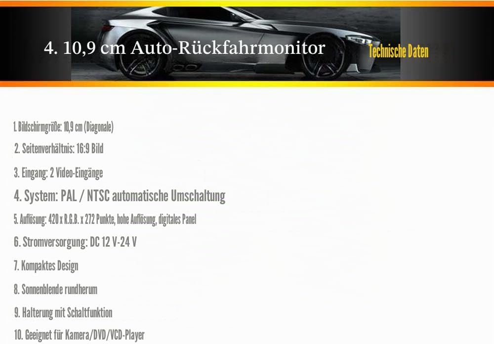 4,3-Zoll-Umkehrmonitor für Umkehr- und Frontkamera/12-24 Volt/Kamera Stromversorgung/Bildspiegelung/