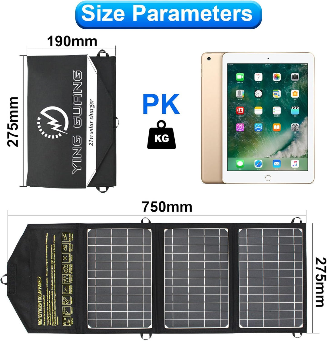Faltbares Solar Ladegerät 21W 5V/4,8A Maximale Monokristallines Solarpanel Ladegerät 2USB-Anschlüsse