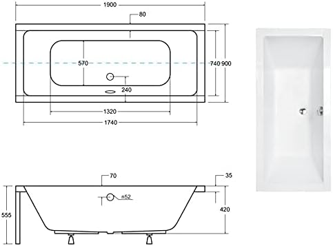 BADLAND Badewanne Original Weiss Acryl Wanne Rechteck QUADRO 190x90 KOMPLETTSET SET mit Weiss Acryls