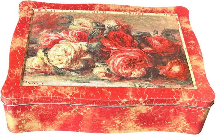 Rosendose - bezaubende, rot melierte Gebäckdose mit Rosen auf dem Deckel - lebensmittelecht - Keksdo