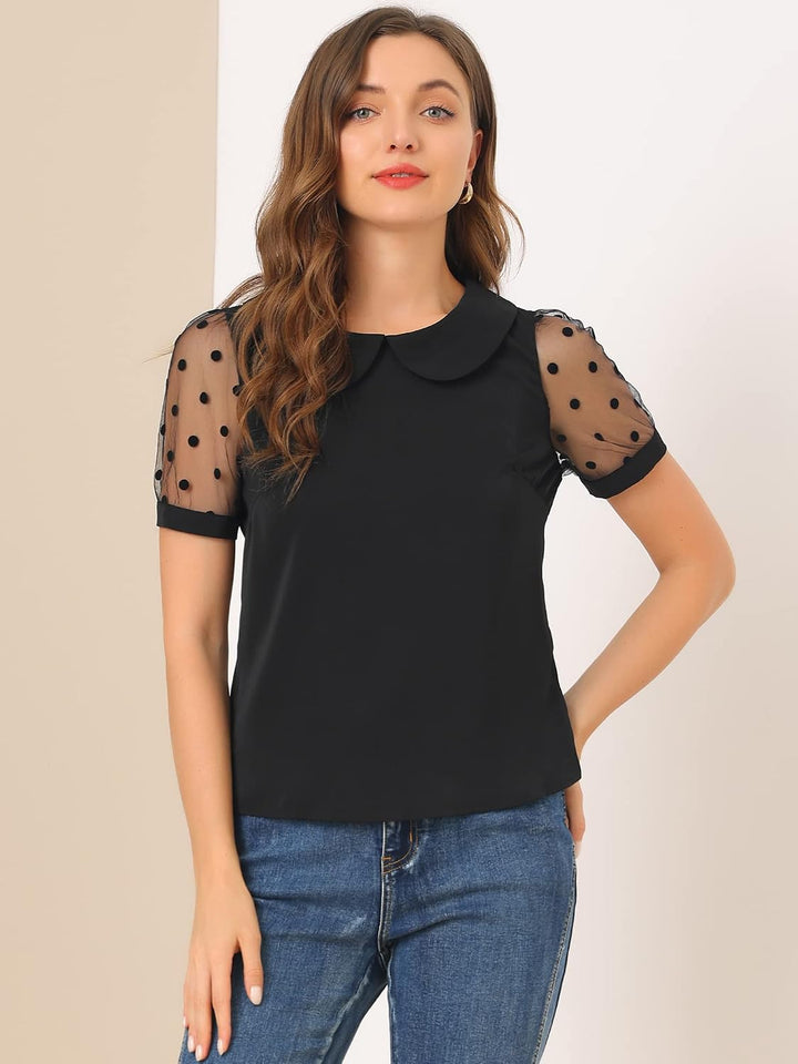 Allegra K Damen Puffärmel Vintage Bubikragen Oberteil Mesh Polka Punkte Top Bluse, S Schwarz