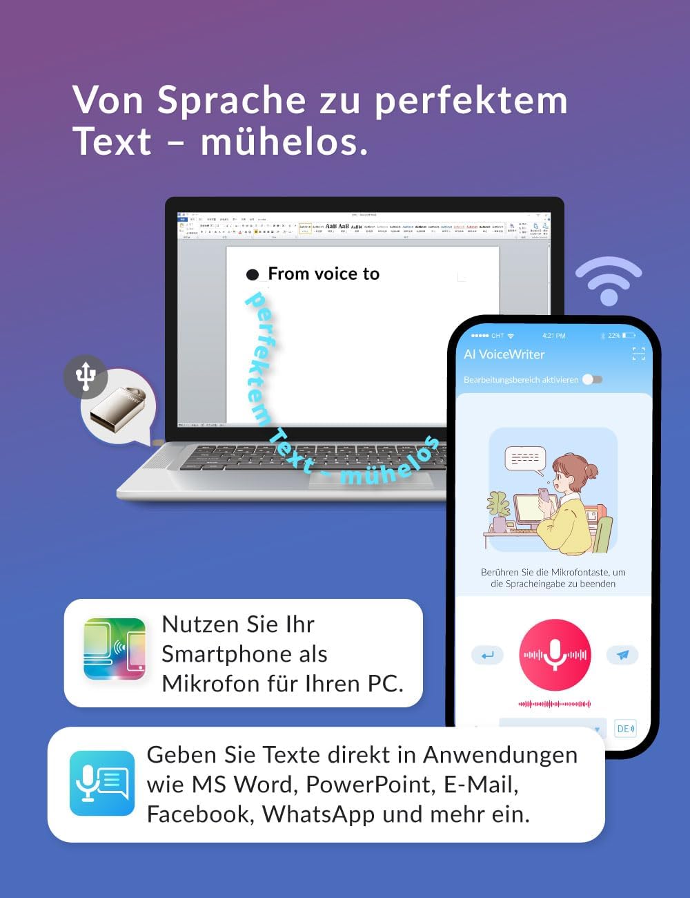 AI VoiceWriter - Smart Diktat &amp; AI Schreibassistent für Windows &amp; Mac | USB-Dongle &amp; mobile App für