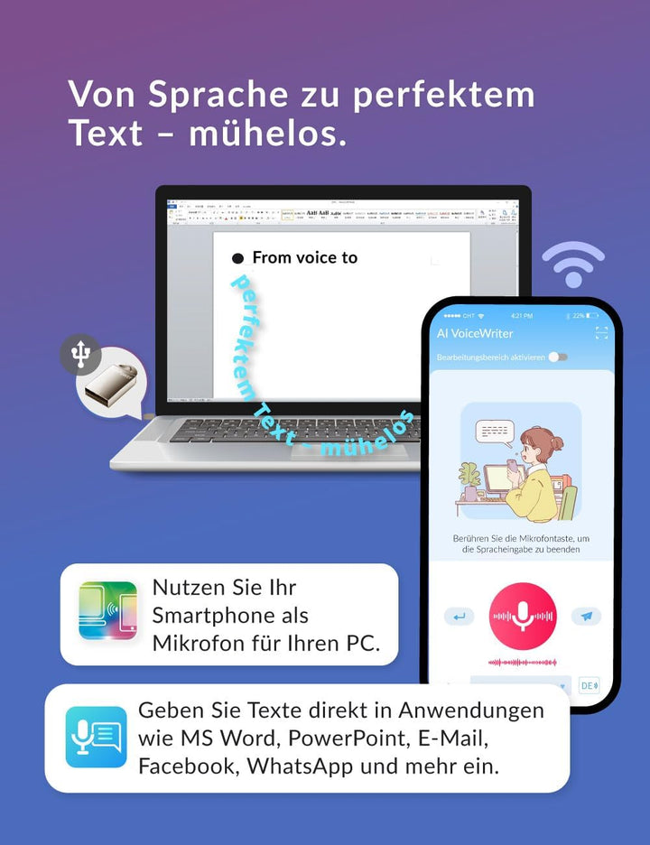 AI VoiceWriter - Smart Diktat &amp; AI Schreibassistent für Windows &amp; Mac | USB-Dongle &amp; mobile App für
