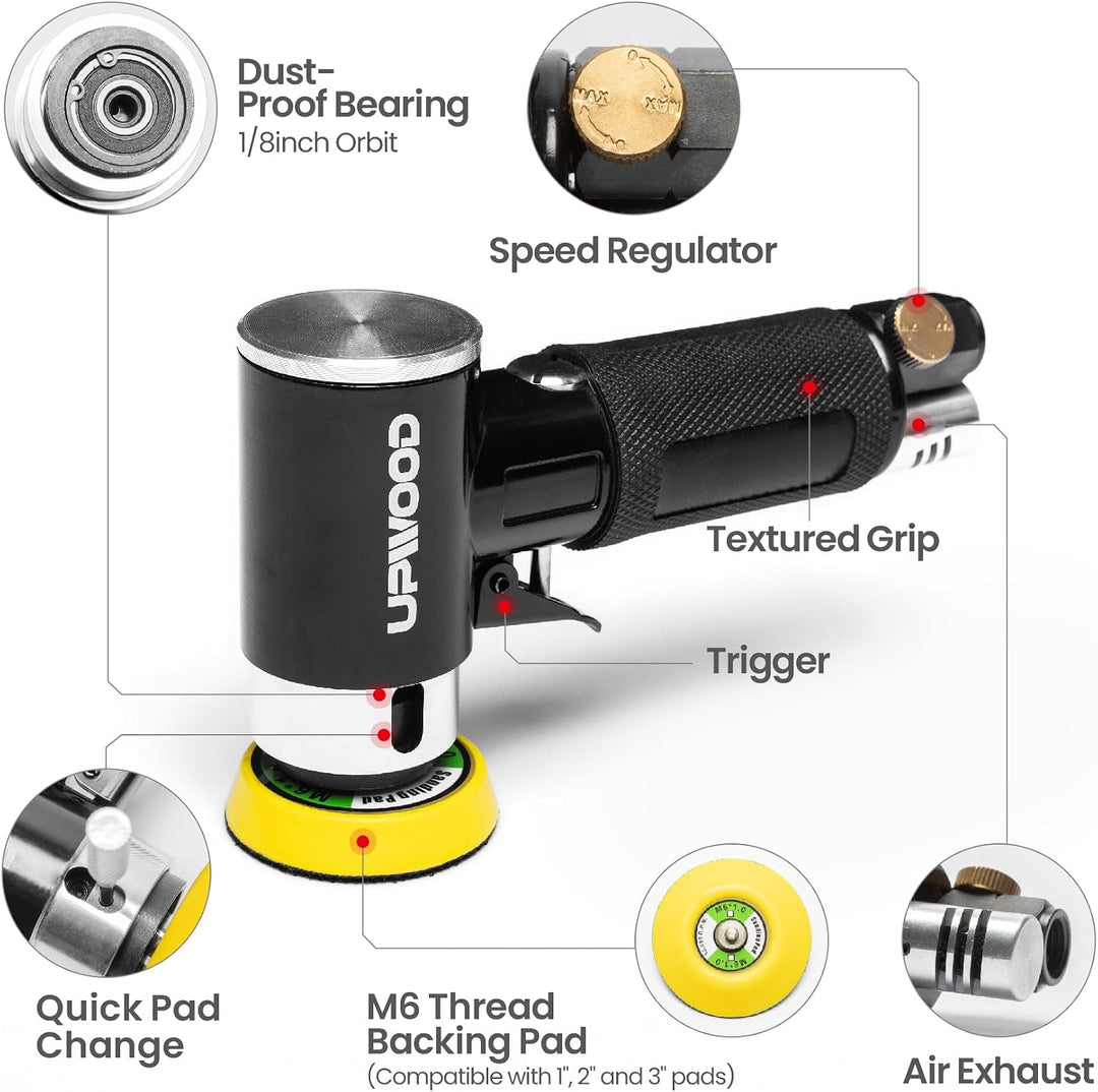 Mini Druckluft-Exzenterschleifer Set mit 2" (50 mm) und 3" (75 mm) Schleiftellern, Kompakter Pneumat