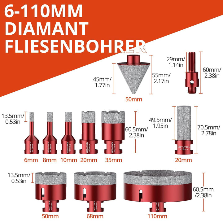 GETLITOOL 11tlg Diamant Fliesenbohrer Set 6-110mm, Diamant Lochsägeset mit Fingerfräser Fasenbohrer