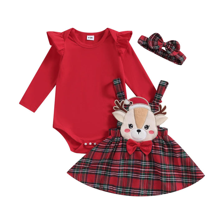 Himllauen Baby Mädchen Weihnachtsoutfit Langarm Body + Karo Straps Rock + Haarband 3tlg Set Kleinkin
