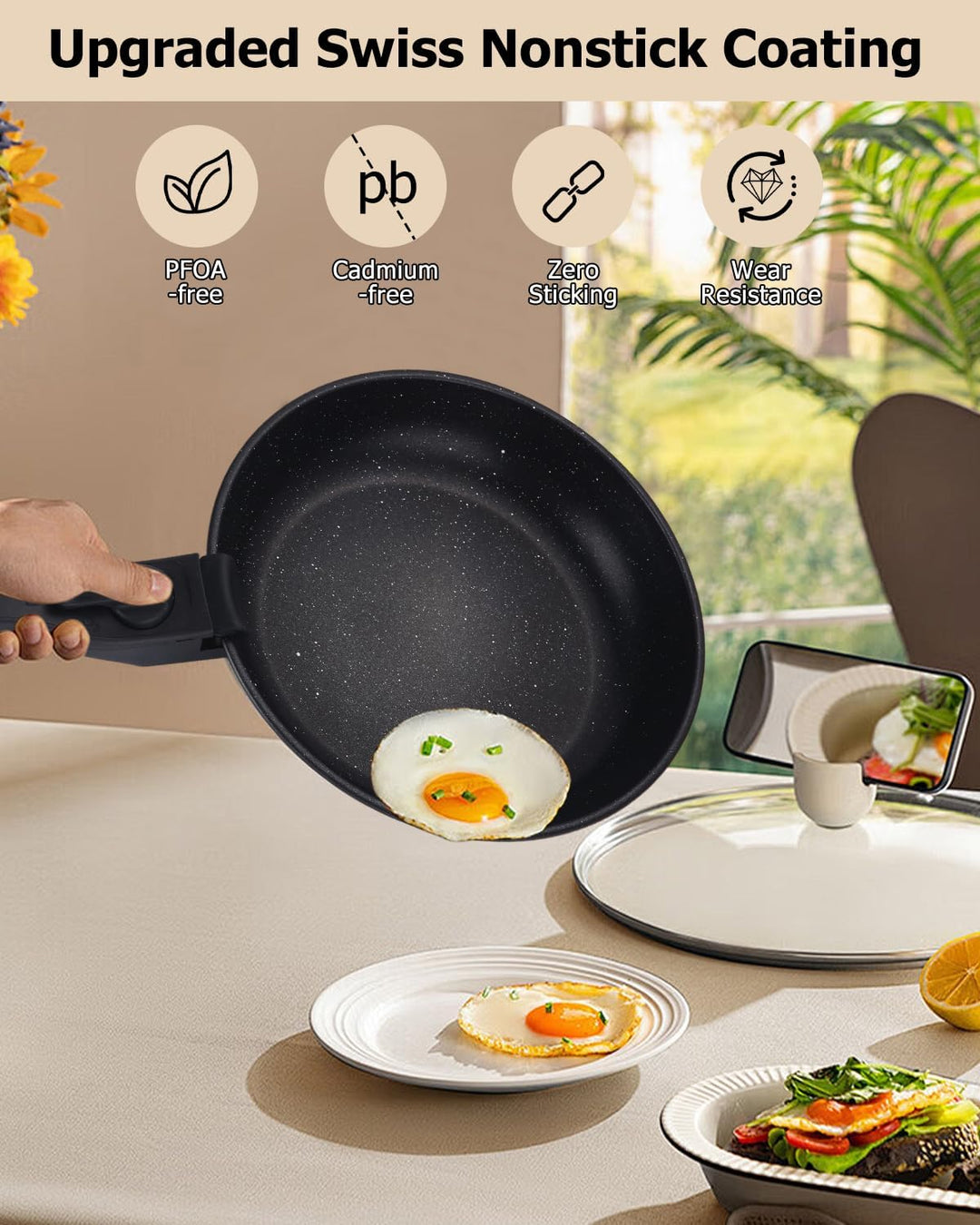 Pfannenset Induktion, Antihaft-beschichtete Bratpfanne 20, 24 und 28 cm mit abnehmbarem Griff, für a