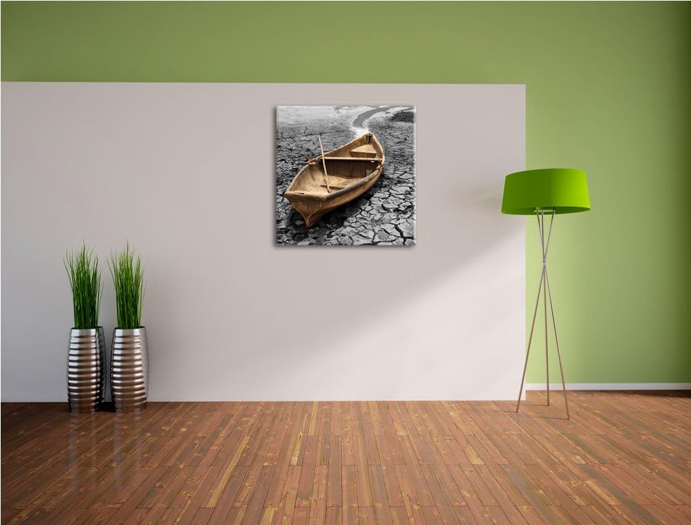 Pixxprint Ausgetrockneter Fluss mit Boot als Leinwandbild Quadratisch/Grösse: 70x70 / Wandbild/Kunst