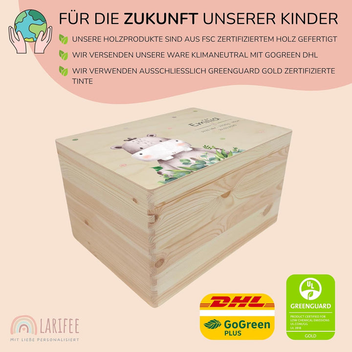 LARIFEE Erinnerungskiste personalisiert Nilpferd mit Name – Baby Erinnerungsbox Holz klein 30x20x14