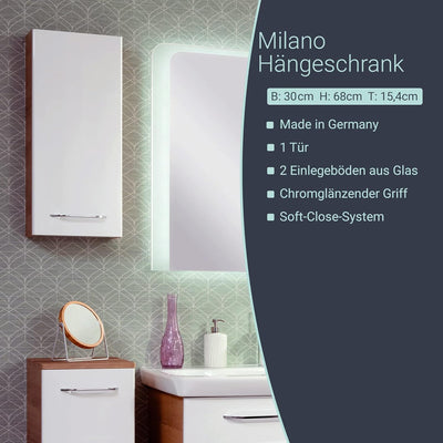 FACKELMANN Milano Hängeschrank mit Tür – Badezimmerschrank hängend mit 2 Einlegeböden fürs Badezimme