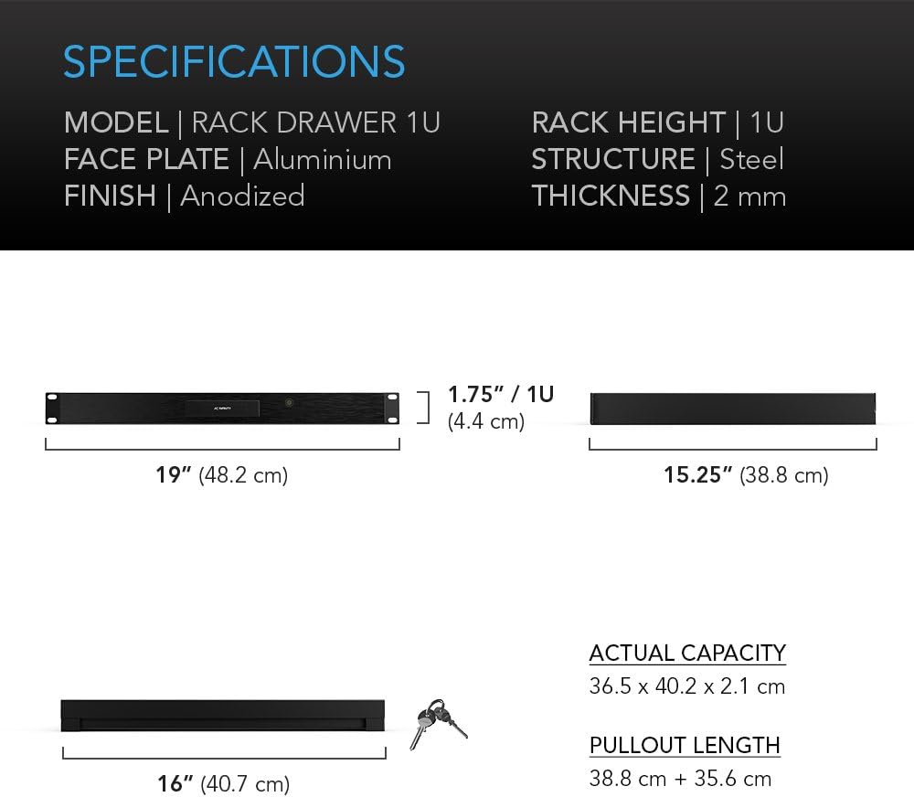 AC Infinity Rack Mount Drawer 1U mit Aluminium-Frontplatte für 19-Zoll-AV-Schrankregale von Equipmen
