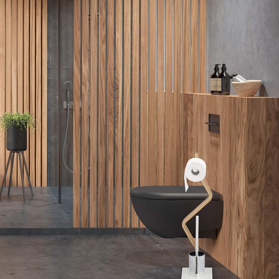 Relaxdays WC Garnitur stehend, Holz und Stahl, Toilettenpapierhalter mit Bürste, HBT 75 x 18,5 x 18,
