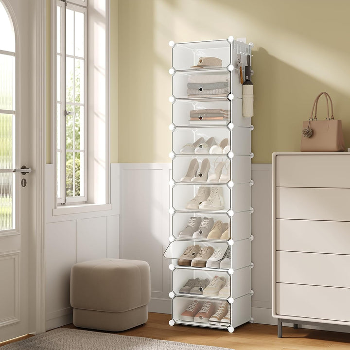 WOLTU Schuhbox, Schuhablage, Satz von 10, stapelbares Design, für 20 Paare, mit Tür, Haken, 43,5 x 1