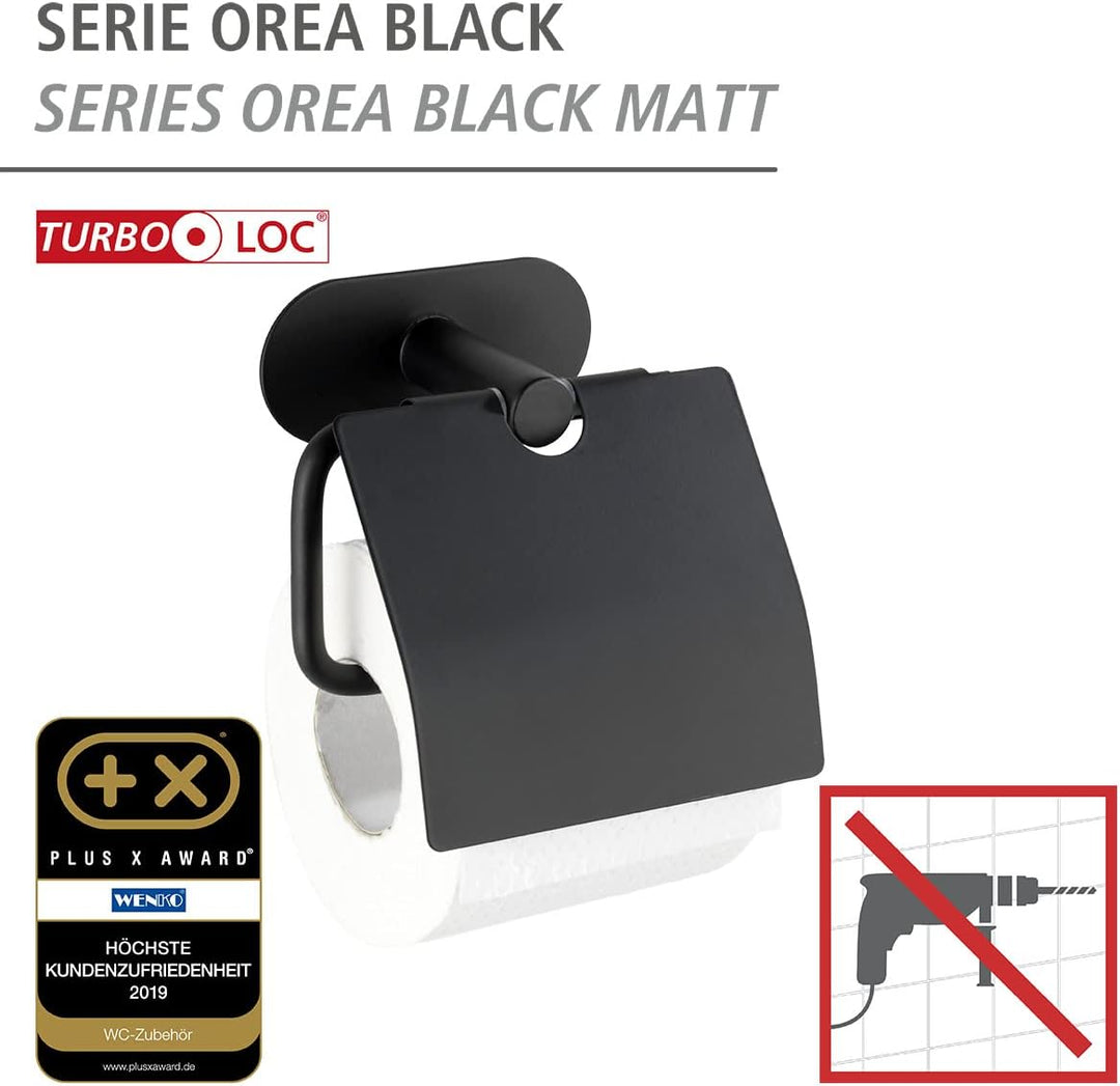 WENKO Turbo-Loc Toilettenpapierhalter mit Deckel Orea Black Matt, Befestigen ohne bohren, Papierroll