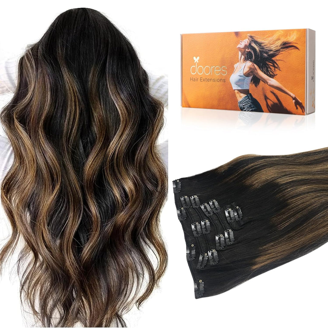 DOORES Haarverlängerungen Clip in Extensions Echthaar, Balayage Natürliches Schwarz bis Chestnut Bra