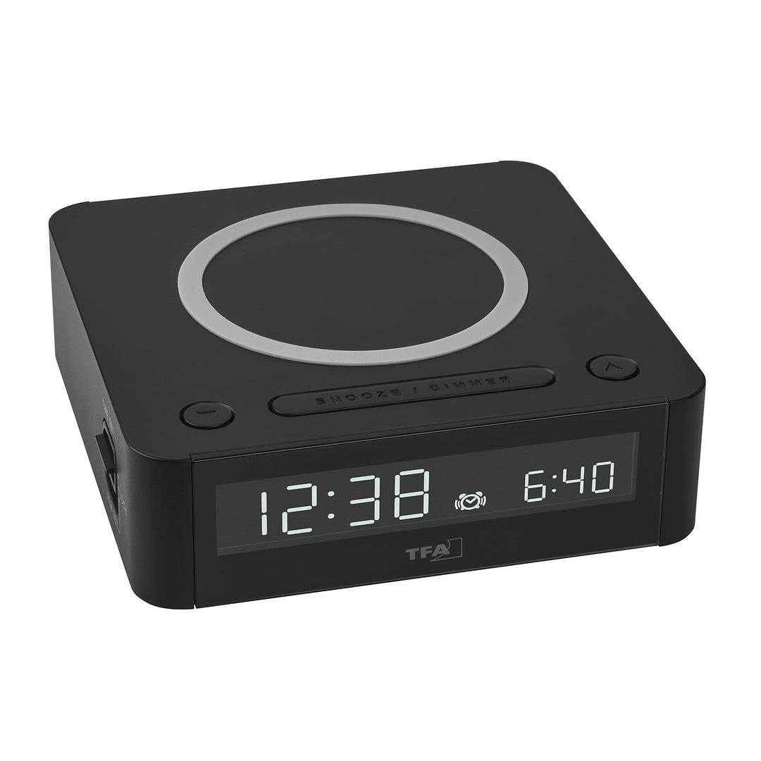 TFA Dostmann Digital Wecker Easy-Charge Wireless, 60.2030.01, mit kabelloser Qi Ladestation, Farbdis