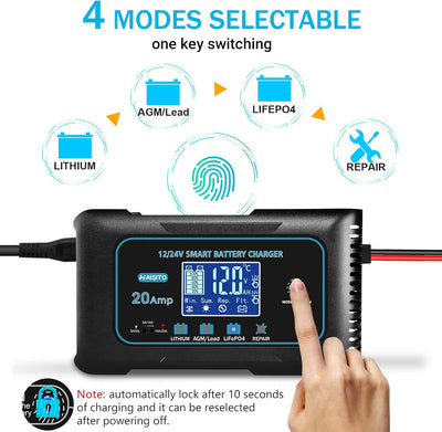 20AmpLithiumBatteryCharger，12Vand24VLifepo4，Lead-Acid(AGM/Gel/SLA。。) PortableCarBatteryCharger，Batte