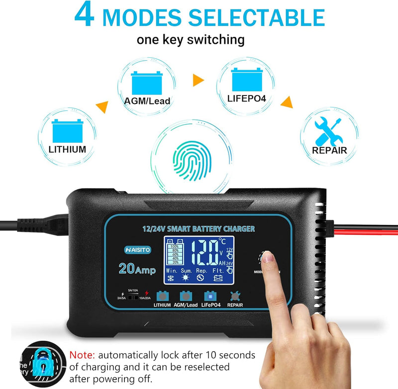 20AmpLithiumBatteryCharger，12Vand24VLifepo4，Lead-Acid(AGM/Gel/SLA。。) PortableCarBatteryCharger，Batte