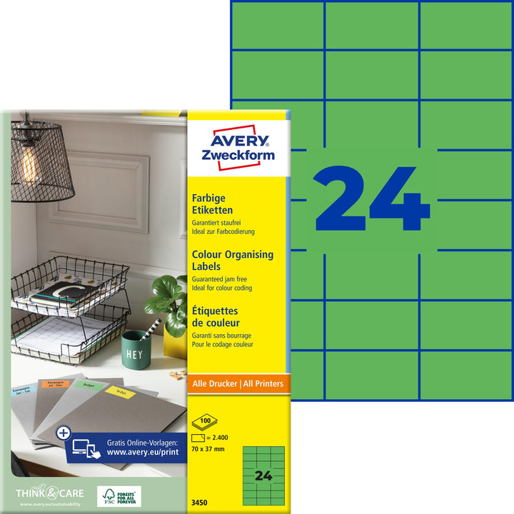 AVERY Zweckform 3450 Grüne Etiketten (2.400 Aufkleber, 70x37mm auf A4, permanent haftend, selbstkleb