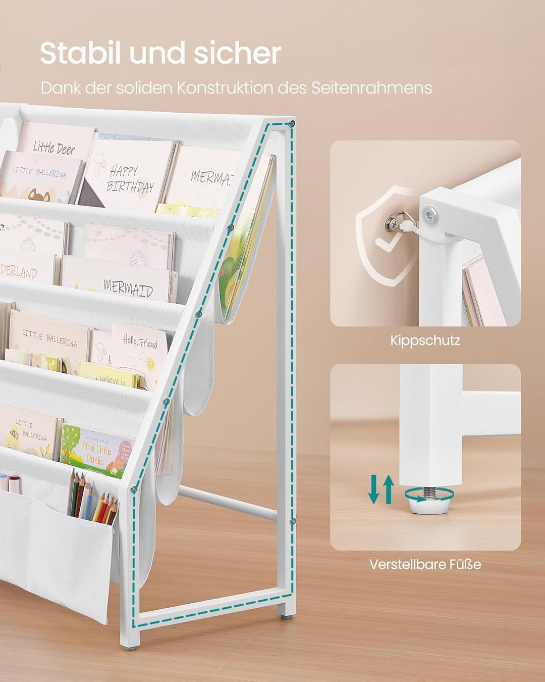 SONGMICS Bücherregal Kinder, Kinderregal, Spielzeugregal, Bücher-Organizer, mit Seitentasche, 75 cm