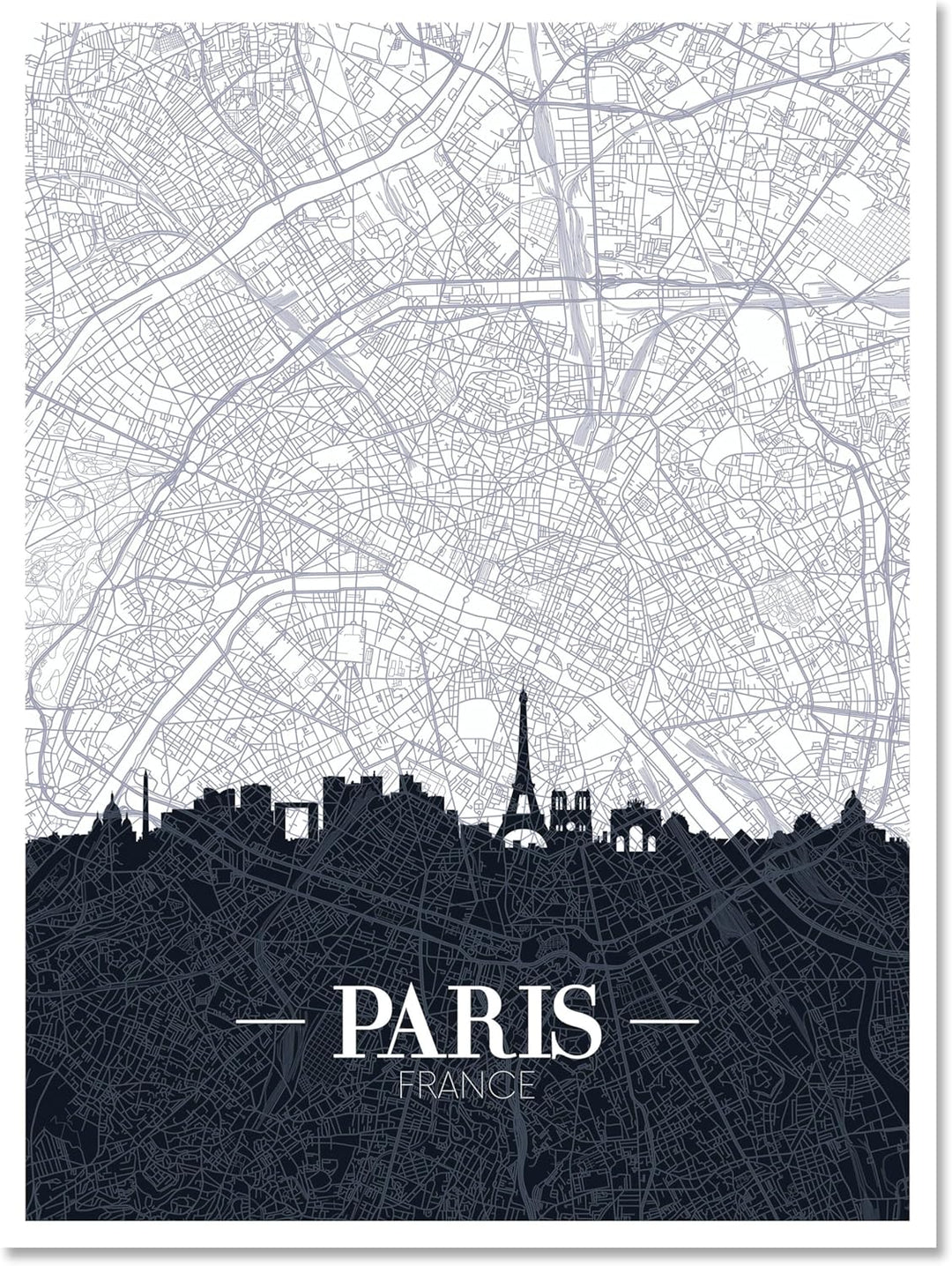 wandmotiv24 Stadt Karte als Leinwandbild, 60x45cm, Hochformat, Paris, Frankreich, Skyline, Silhouett