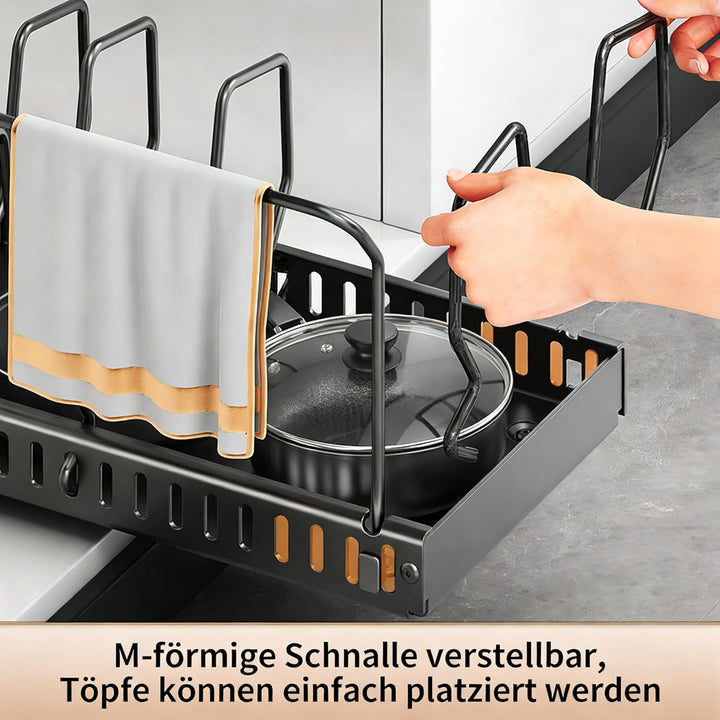 Topfdeckelhalter Ausziehbarer, Pfannenhalter für Schublade mit 12 Verstellbaren Teiler & Küchentuchh