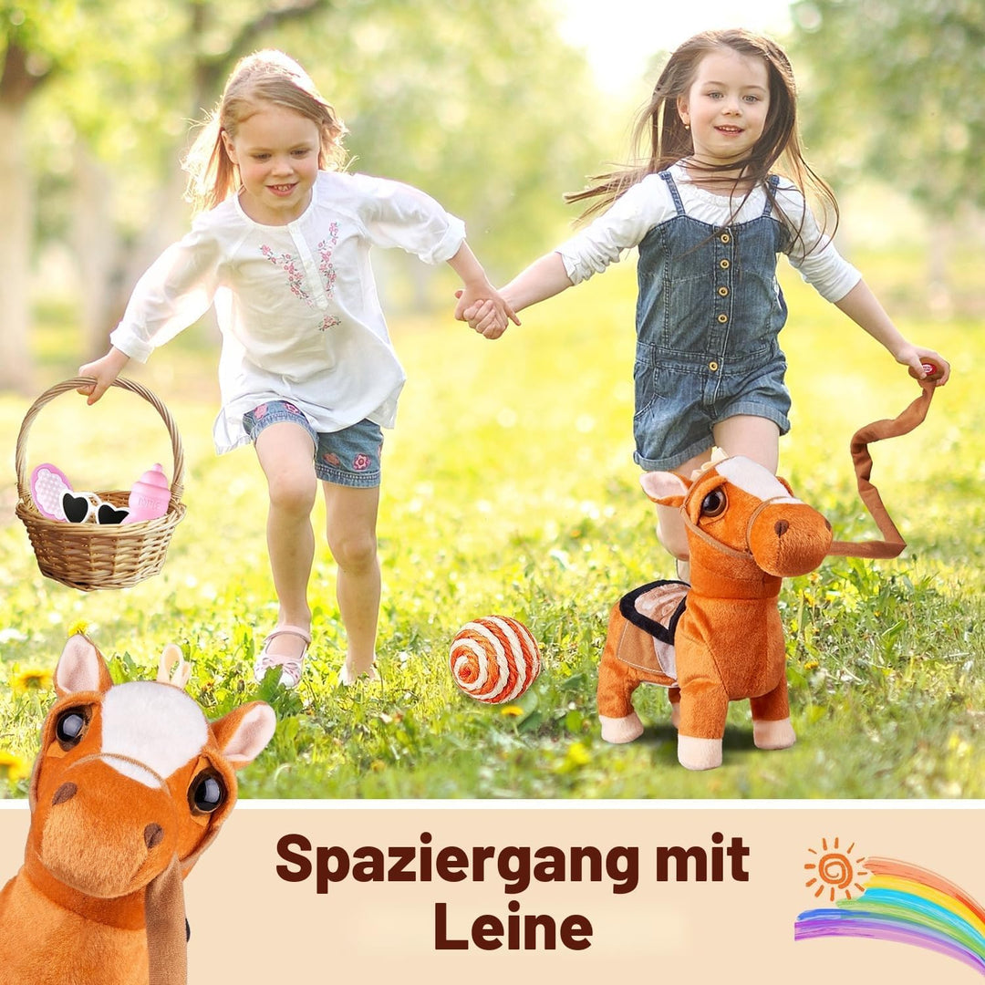 Marsjoy Braun Plüschtier Interaktives Pony Spielzeug Pferd der Läuft und Bellt, Kinder Mädchen Spiel