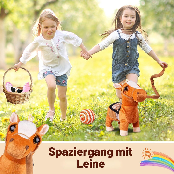Marsjoy Braun Plüschtier Interaktives Pony Spielzeug Pferd der Läuft und Bellt, Kinder Mädchen Spiel