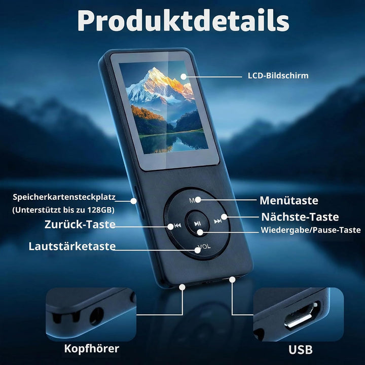Bluetooth 5.3 MP3 Player mit Lautsprecher, 1,8 Zoll Bildschirm, Verlustfreier HiFi Bluetooth MP3 Pla