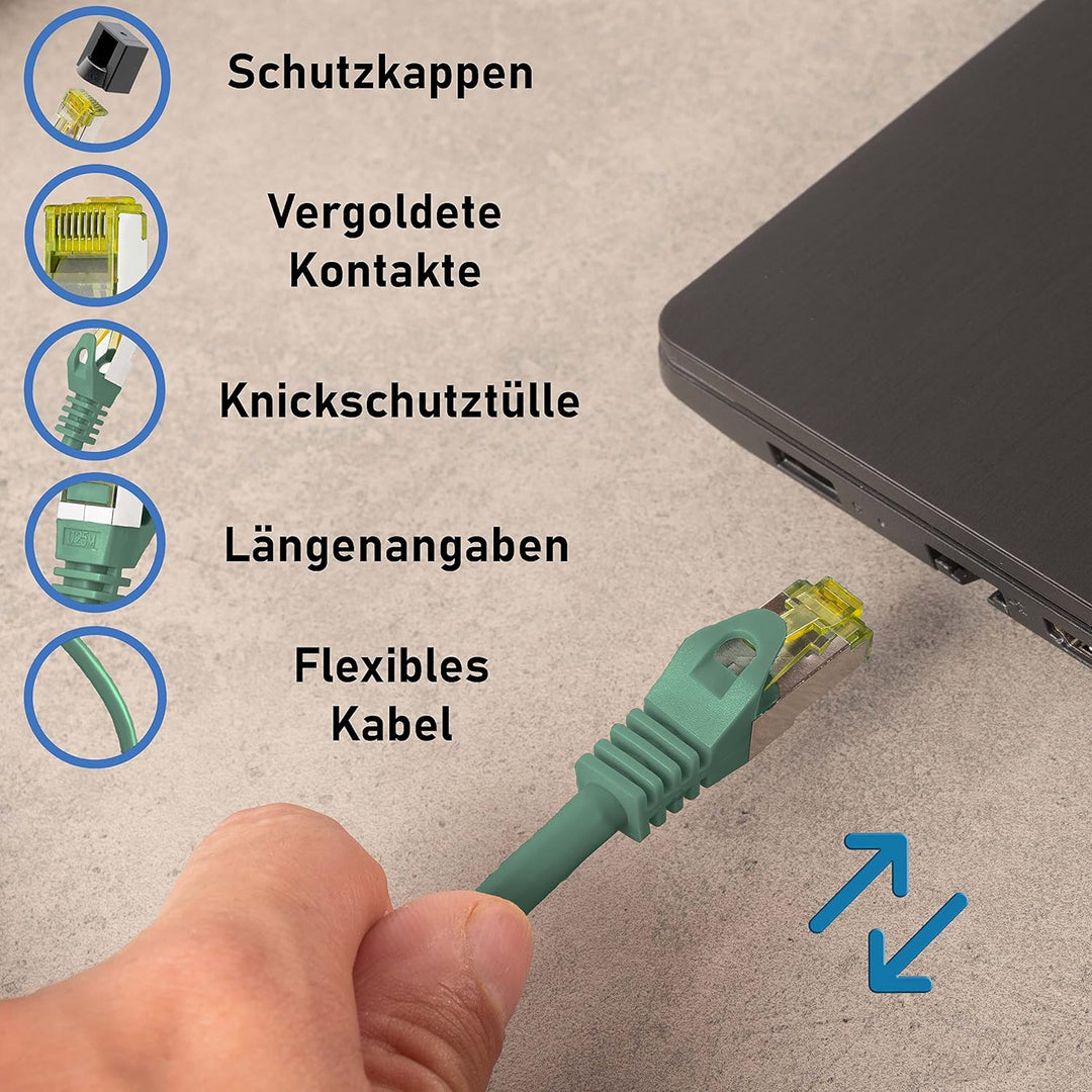 BIGtec LAN Kabel 5 Stück 3m Netzwerkkabel CAT7 Ethernet Internet Patchkabel CAT.7 grün Gigabit doppe