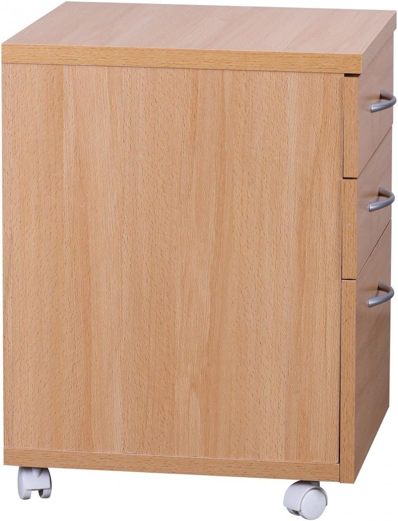 Moderner Büro Rollcontainer in Buche, 60 cm, mit 3 Schubladen, elegante Aluminiumgriffe, praktische