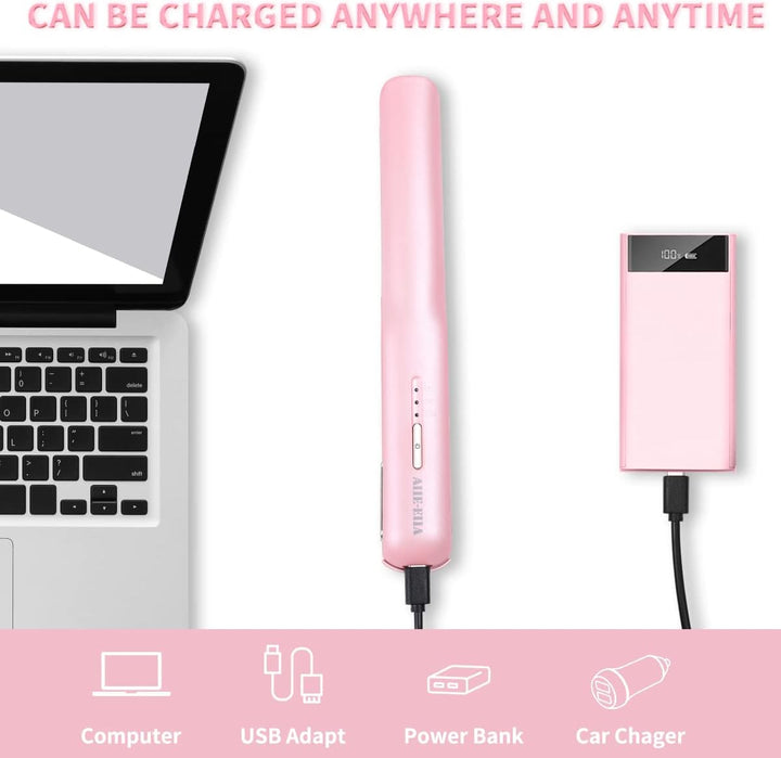 Kabelloser Haarglätter und Lockenwickler 2 in 1, Mini Haarglätter Und Lockenstab mit USB-C Aufladung