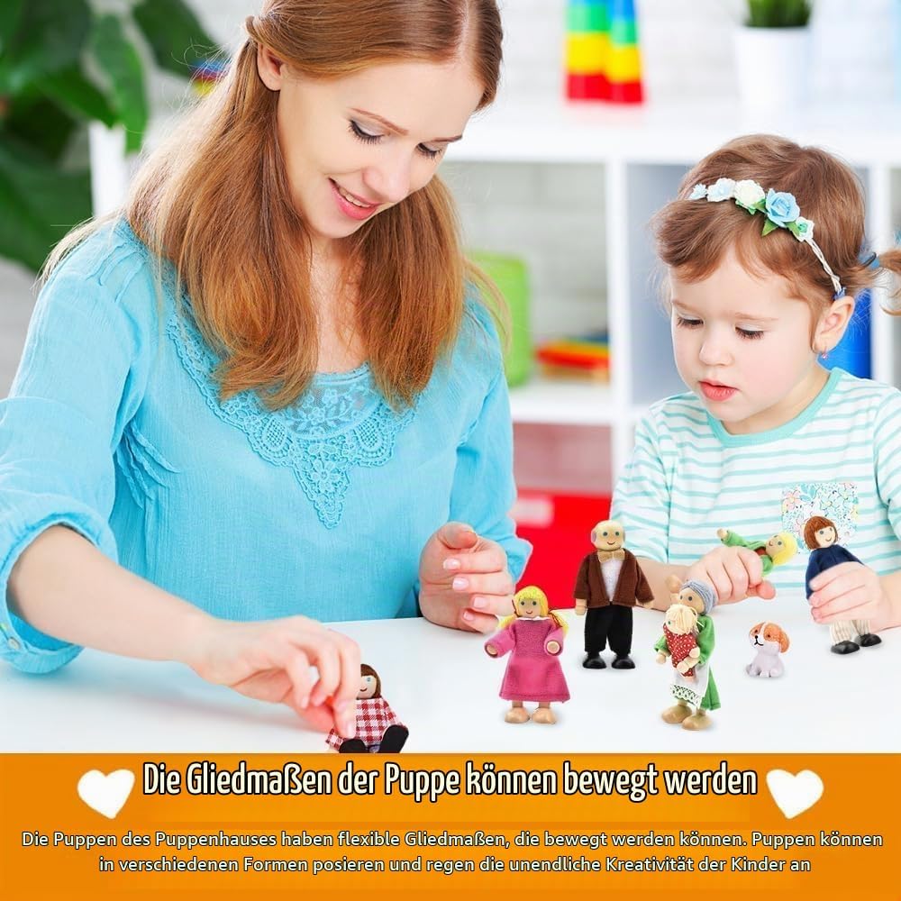 Hölzerne Puppenhaus Puppen Familie Set mit Katze und Hund, 9 Stück Verstellbare Familienpuppen Figur