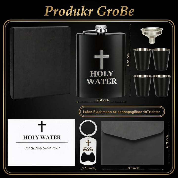 Flachmann mit Gravur "Holy Water" 8oz Edelstahl Geschenkset für Männer, Lustiger Whiskey Flachmann S