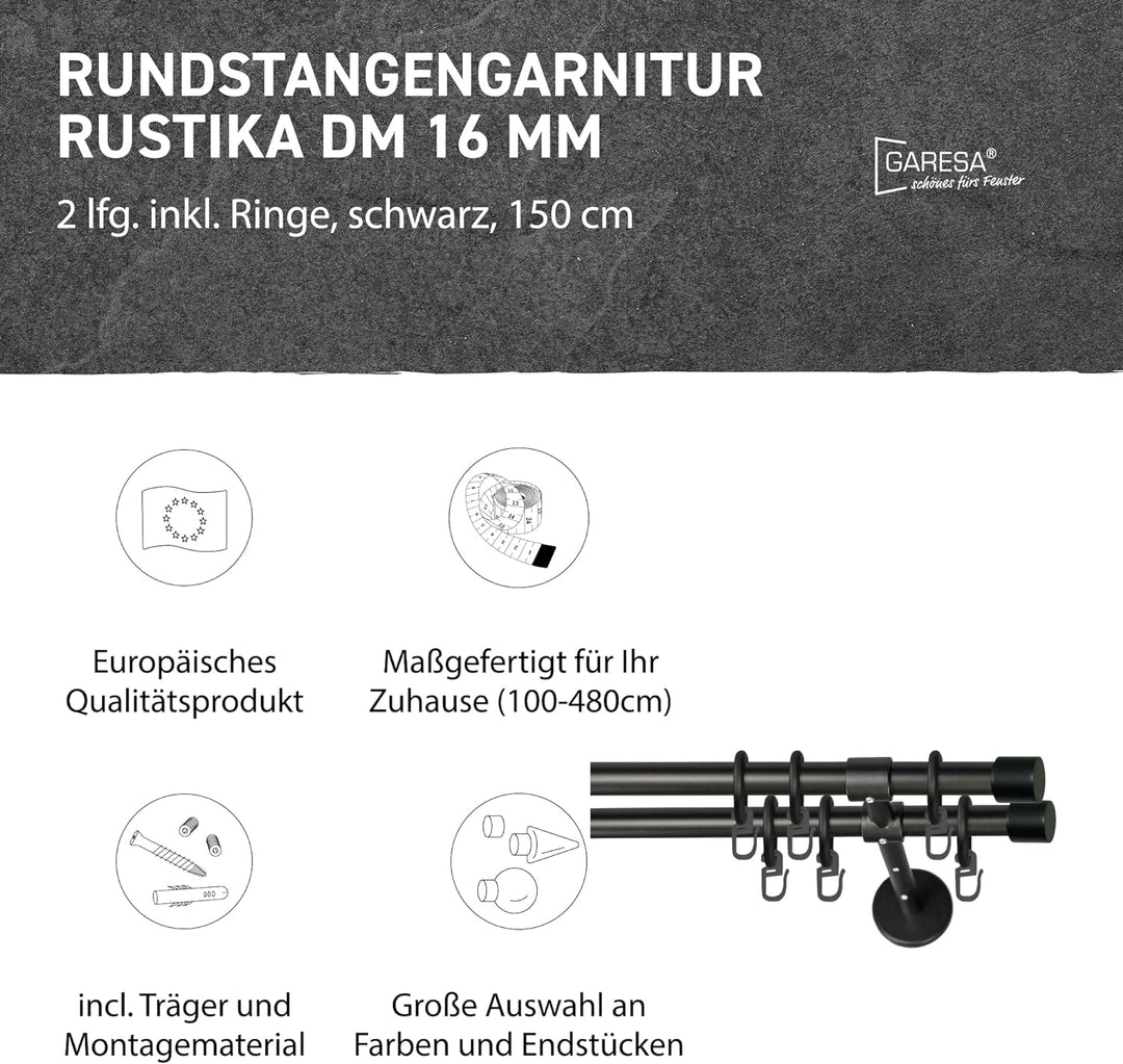 Garesa Gardinenstange Rustika Ø 16mm, 2-läufig, Schwarz I Rustikale Vorhangstange aus Metall inkl. R