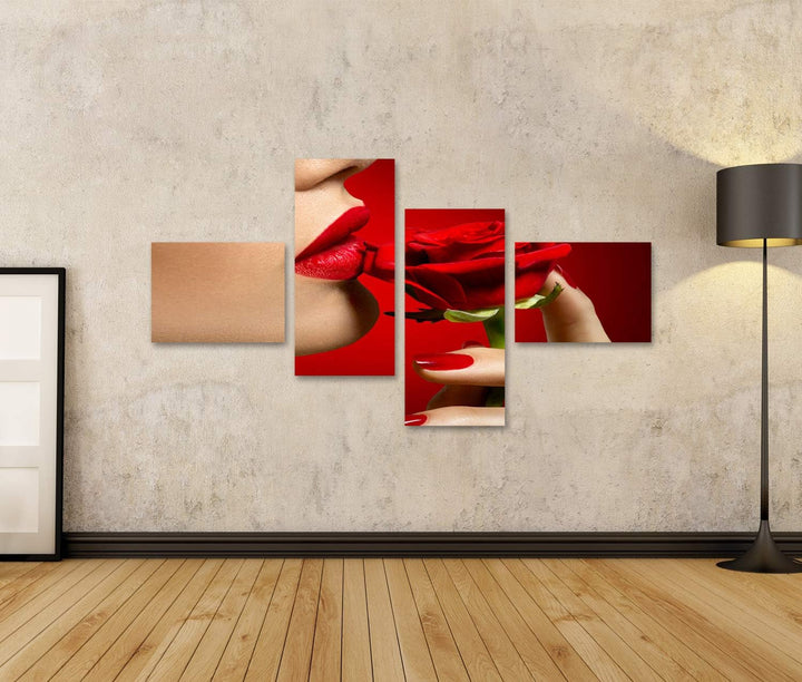 islandburner Bild auf Leinwand Schönes Model Frau Küsst Rote Rose Blume Sexy Lippen Bilder Wandbilde